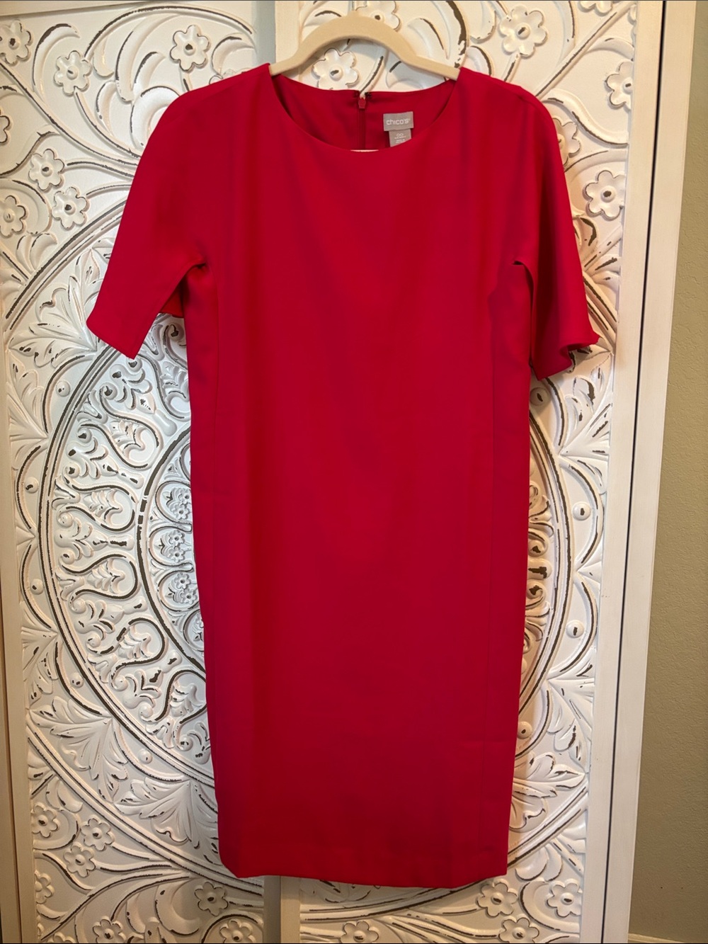 Chico's Cherry Short Sleeve Midi Shift Dress.